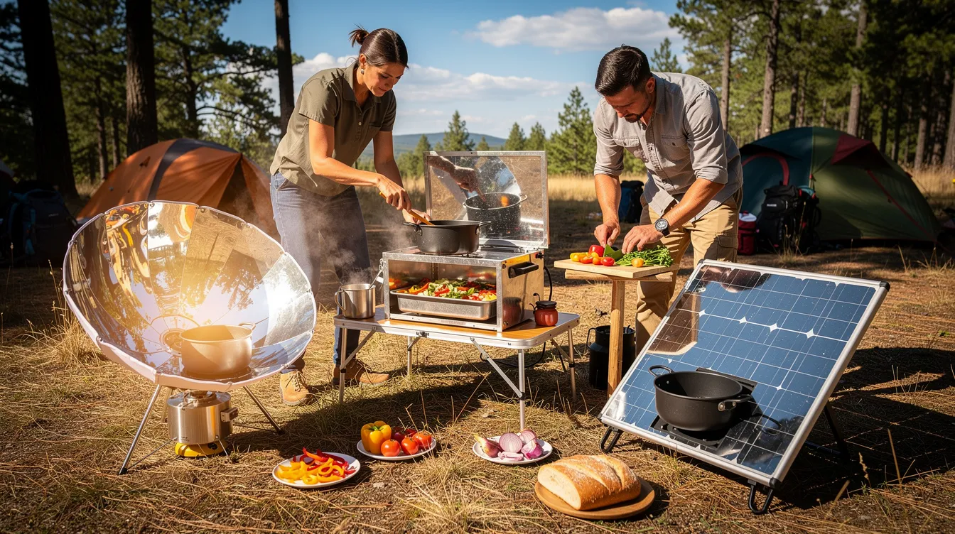 The image shows a variety of solar cookers, including box cookers and parabolic cookers, set up in a sunny campsite clearing where food is being prepared in cooking pots and pans. The scene highlights the use of solar power for cooking, demonstrating the cooking process as food cooks under the sun's rays.