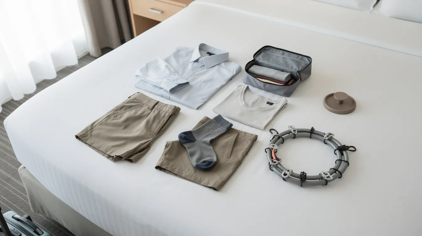 The image shows travel clothes neatly laid out on a hotel bed, accompanied by a small portable clothesline and a sink stopper, suggesting a convenient option for hand washing clothes during a trip. This setup highlights the practicality of managing laundry in a hotel room, a consideration for guests looking to save money on hotel laundry services.