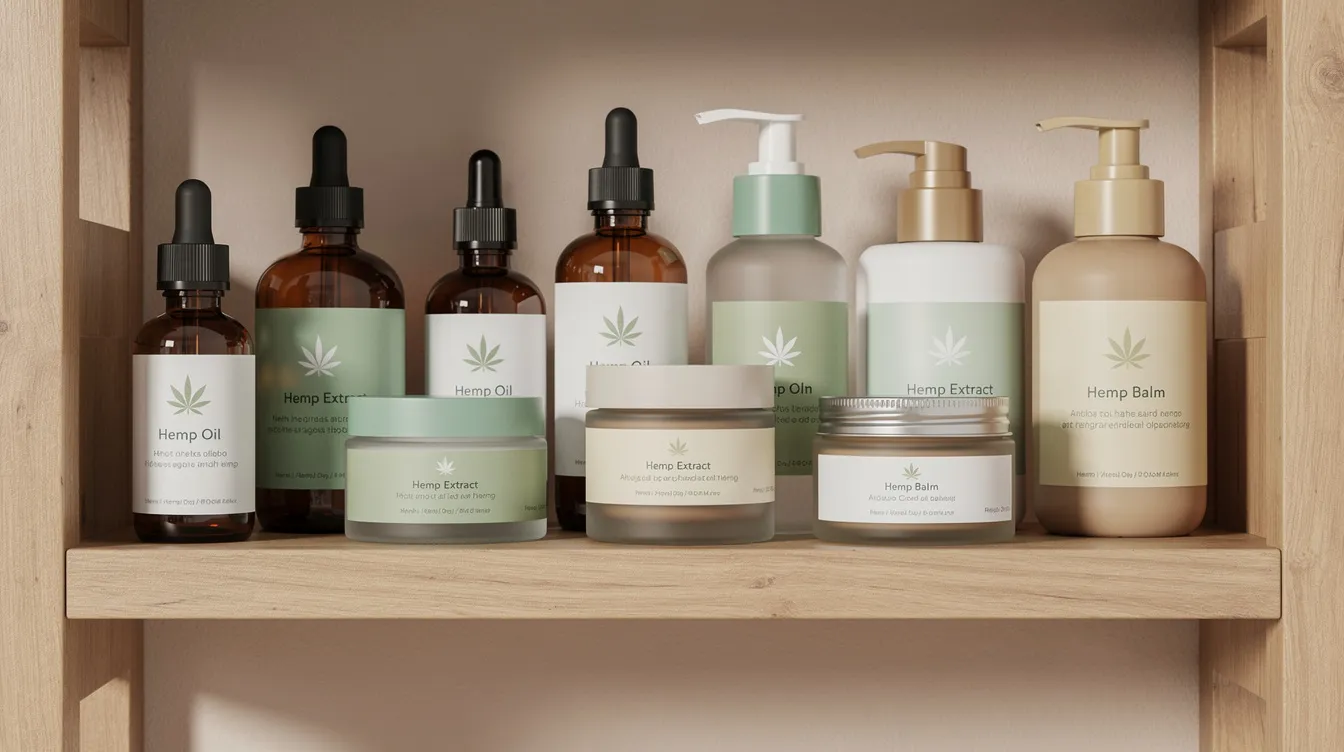 The image features a neatly arranged display of various hemp product bottles and jars on a wooden shelf, showcasing hemp derived THCA products. This presentation highlights the legal status of hemp and cannabis laws, particularly in relation to THCA legal in Minnesota.