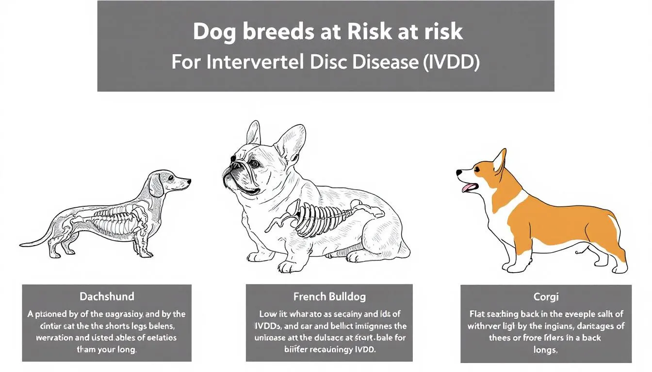 This image compares various dog breeds at risk for intervertebral disc disease (IVDD), featuring a Dachshund, French Bulldog, and Corgi. Each breed is shown to highlight their susceptibility to spinal cord compression and disc degeneration, common issues associated with IVDD.