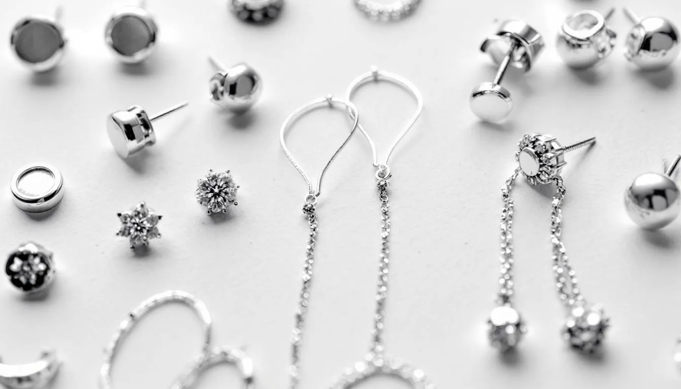 The image showcases a beautiful range of sterling silver earrings, featuring stylish silver studs, elegant silver hoop earrings, and stunning drop earrings that dangle gracefully. Each pair varies slightly in design, offering a chic touch suitable for both special occasions and everyday looks.