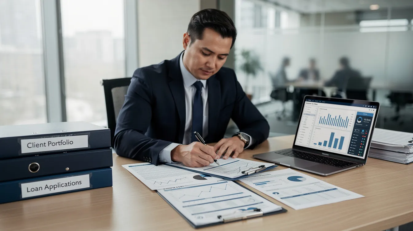 A bank officer sits at a desk, intently reviewing documents related to a hotel project report, with a laptop open and project files spread out. This scene highlights the financial projections and working capital assessments essential for the hospitality industry.