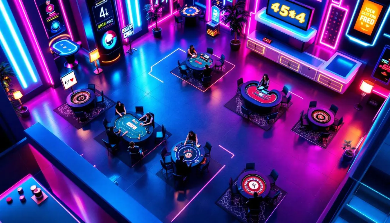 Een overzicht van een casino zonder Cruks met een levendige sfeer en verschillende speeltafels.