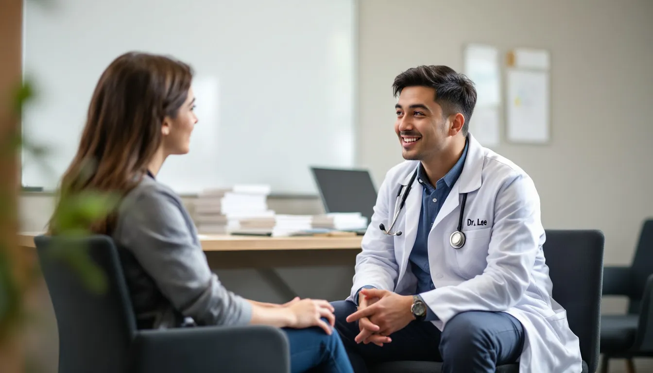 In a medical office, a healthcare provider is engaged in a discussion with a patient about ADHD assessment, focusing on ADHD symptoms and the importance of accurate diagnosis through ADHD screening tests. The conversation highlights the need for a comprehensive evaluation to diagnose ADHD effectively and explore treatment options.