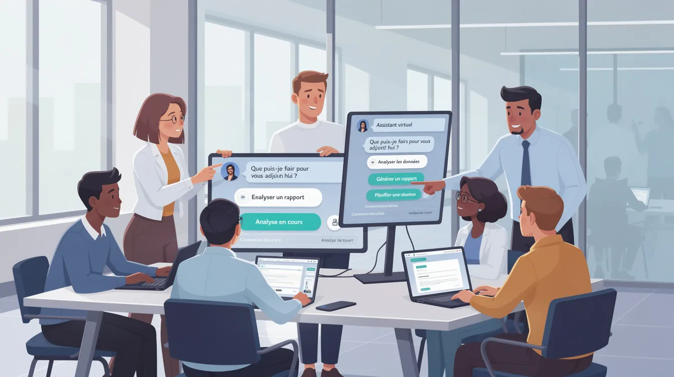 Une illustration montre plusieurs personnes travaillant dans un bureau moderne, collaborant autour d'écrans affichant des interfaces d'assistants virtuels. L'image met en avant l'utilisation d'outils d'IA pour optimiser le service client et améliorer l'accessibilité du contenu sur le site web.