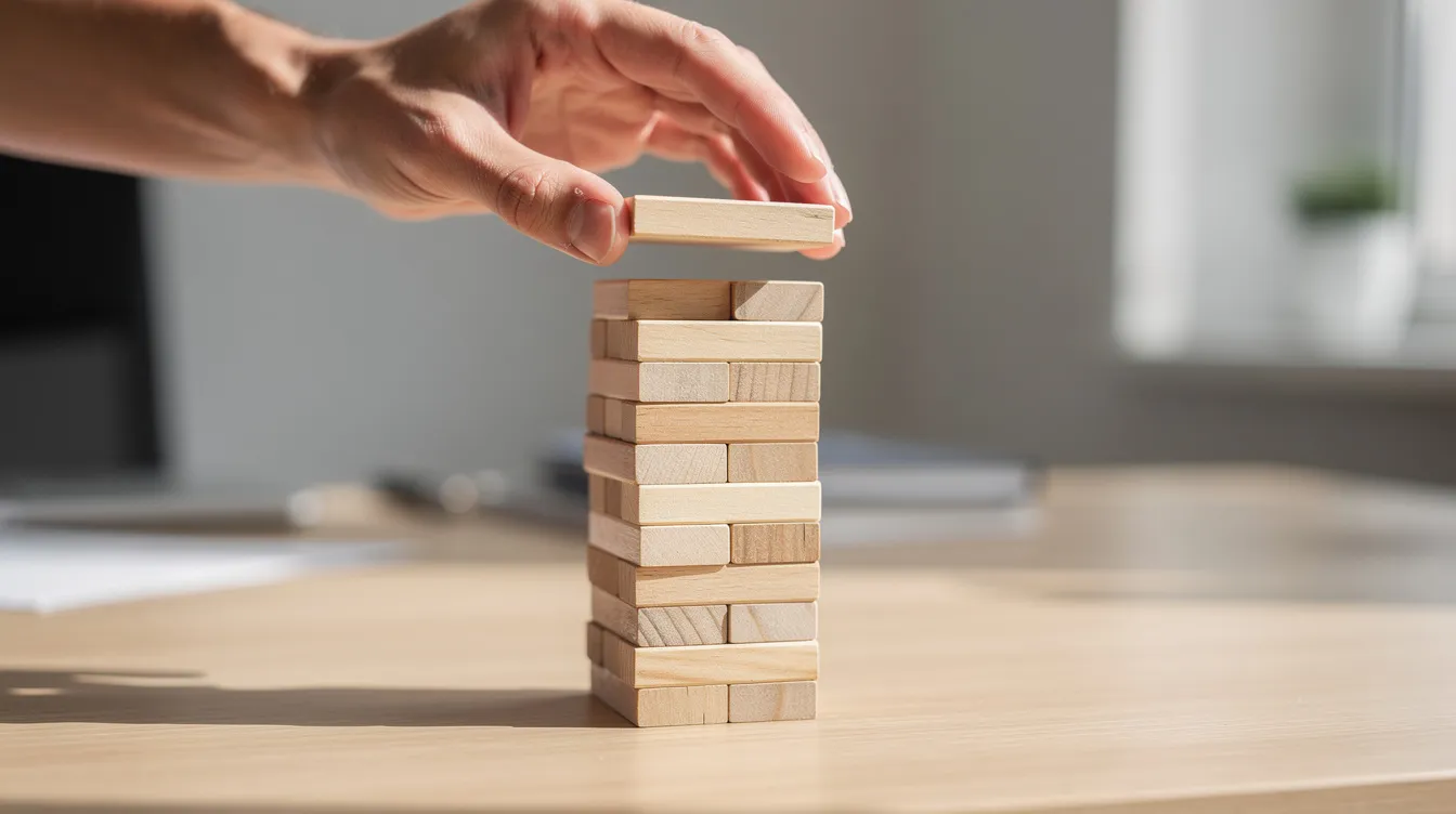 A hand is carefully stacking wooden blocks to create a balanced tower on a desk, symbolizing the strategic planning involved in commercial real estate financing and the importance of a detailed business plan for small business owners.