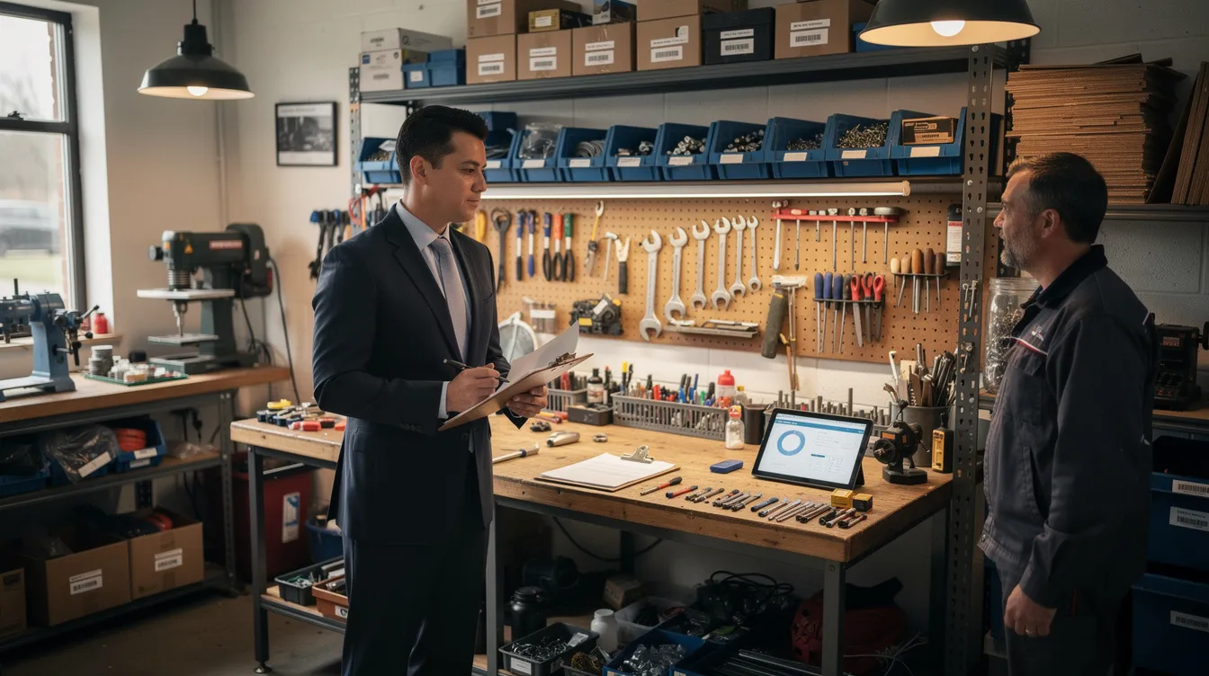 e8f81f4e b8c2 4e3b ba7f d645c13102a9 The image depicts a bank officer examining a small workshop filled with tools and inventory, highlighting the importance of business viability for small business owners applying for mudra loans. The officer is likely assessing the workshop to ensure it meets the eligibility criteria for financial assistance from a bank or financial institution.