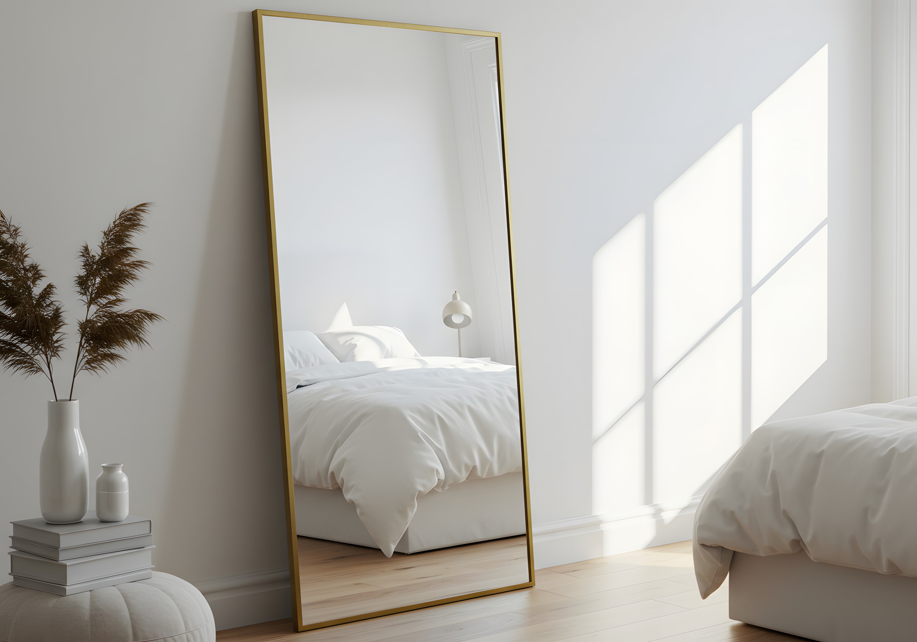 Mirror in a bedroom opposite the window, creating natural light and space