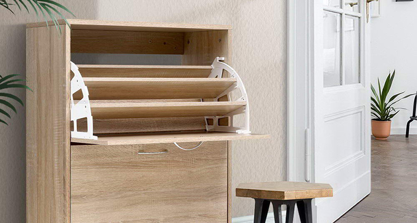 An Artiss light wood 24 pair shoe storage rack. Features two drawers that open forward to reveal a 3-tiered shelving system.