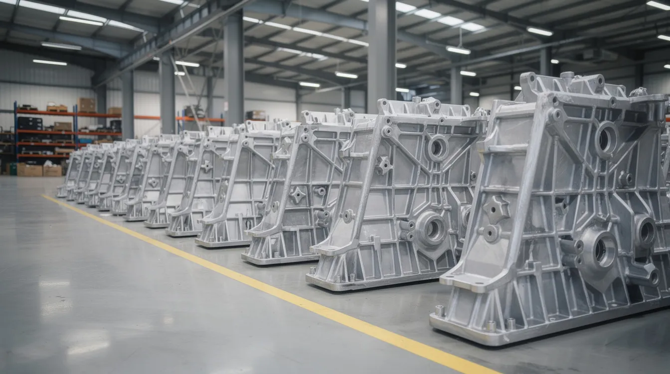 The image depicts rows of large aluminum structural castings for electric vehicles stored in a factory warehouse, showcasing the die casting process used to produce these components. The castings, made from aluminum alloy, are lined up neatly, highlighting the mass production capabilities of advanced die casting machines.