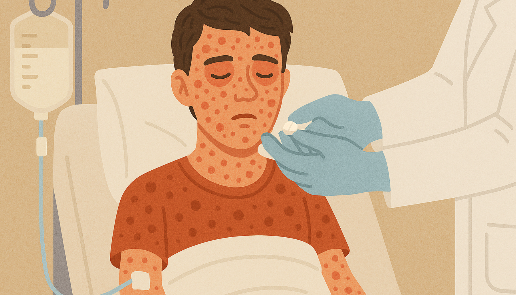 Pasient med hudutslett får behandling på sykehus, helsearbeider gir medisiner og intravenøs væske ved Stevens-Johnson syndrom.