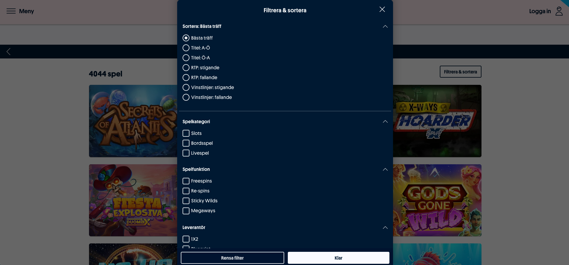 Filtermeny på Svenska Spel Sport & Casino där spelare kan sortera slots och casinospel efter RTP, vinstlinjer och spelkategori