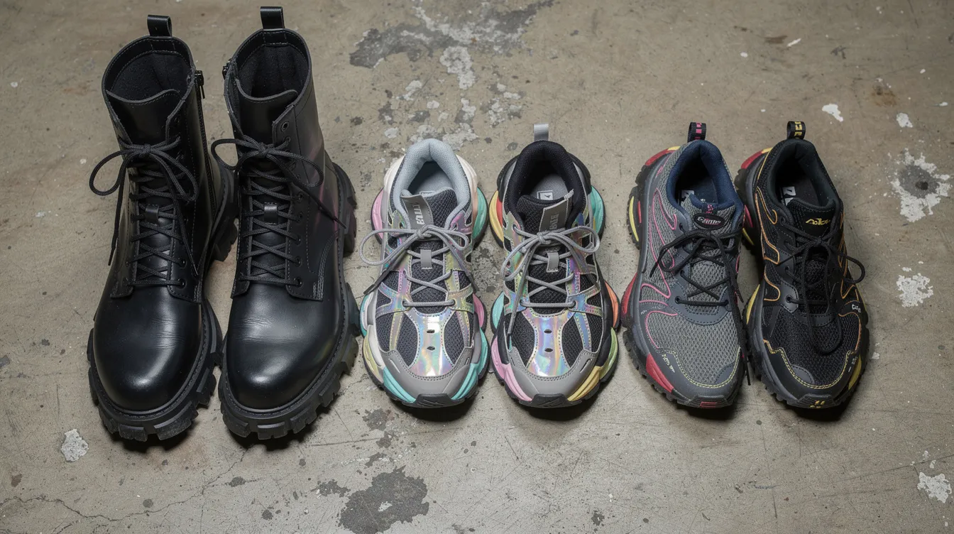 Auf dem Betonboden sind verschiedene Rave-Schuhe nebeneinander angeordnet, darunter schwarze Combat Boots, Chunky Sneaker und Trail-Runner, die ideal für Männer sind, die Komfort und Stil bei Festivals und Techno-Events suchen. Diese Auswahl an Schuhen ergänzt perfekt die Rave Outfits aus Baumwolle und Polyester.