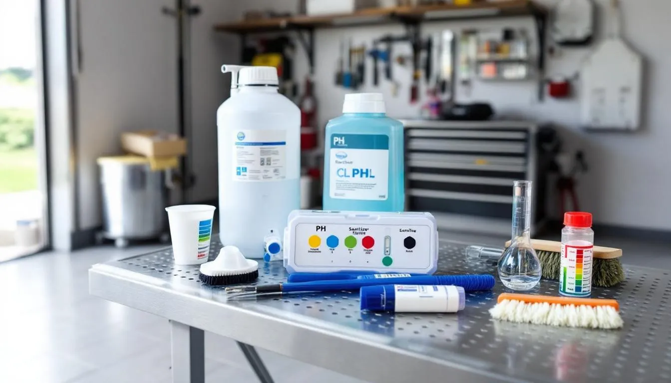 The image depicts various pool maintenance equipment and chemical testing supplies, including containers of sodium bicarbonate and muriatic acid, essential for managing swimming pool alkalinity and pH levels. These tools are vital for pool owners to maintain balanced pool water and prevent issues like cloudy swimming pool water.