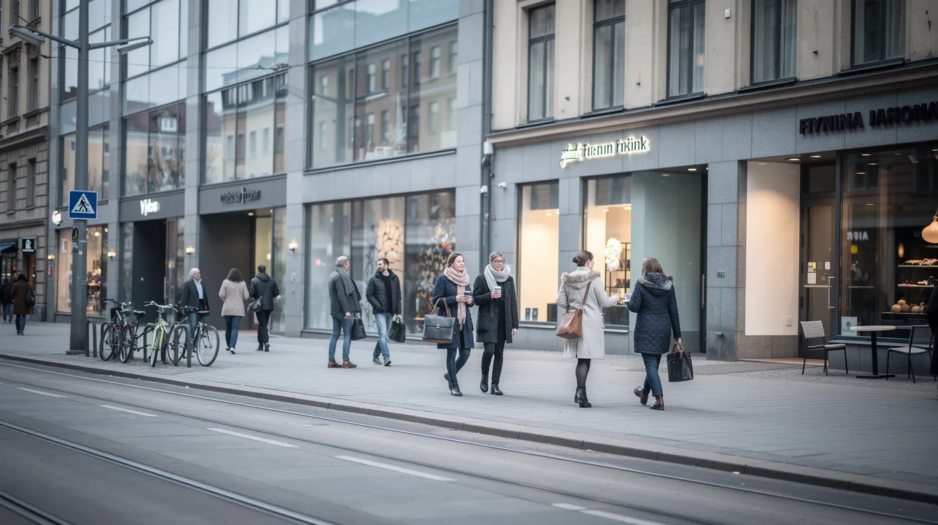 A bustling street scene in Helsinki showcases modern Nordic architecture with people walking past various bank offices and shops. The atmosphere reflects Finland's innovative digital banking services and the vibrant local banking landscape, highlighting the importance of banking in everyday life.
