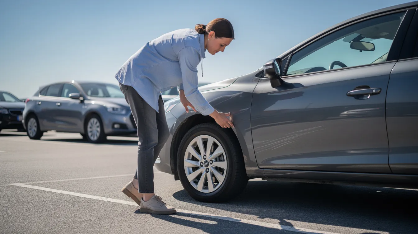 Une personne inspecte la carrosserie et les pneus d'une voiture de location sur un parking ensoleillé.