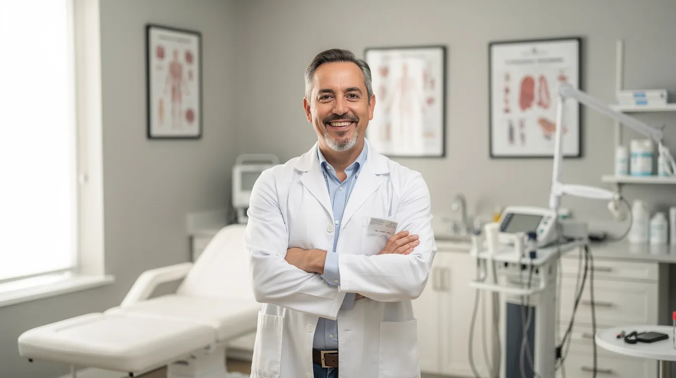 The image depicts a confident small business owner of a medical practice and other places, smiling and standing proudly in their office, symbolizing their success after securing important funding. This moment captures the positive outlook and determination of individuals who navigate the challenges of business ownership and seek reliable services for things in the future.