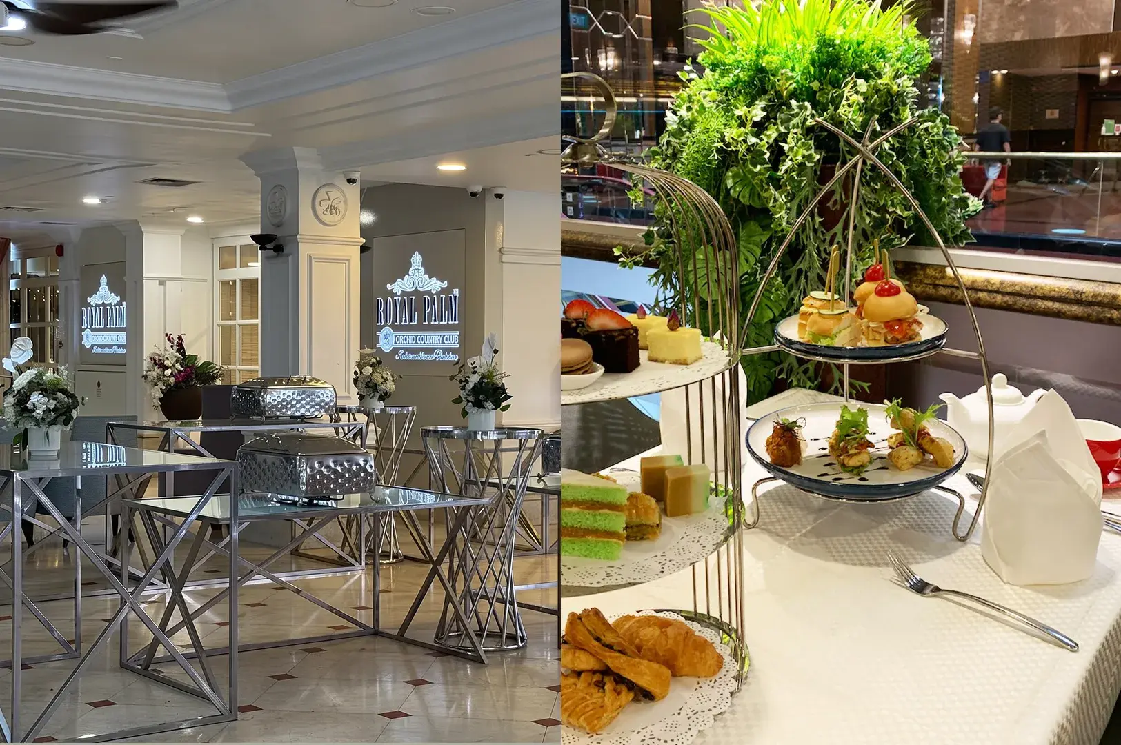 Split-screen image showing a hotel banquet hall setup with silver chafing dishes on glass tables on the left, and a multi-tiered afternoon tea stand with pastries, mini bites, and waffles on the right.
