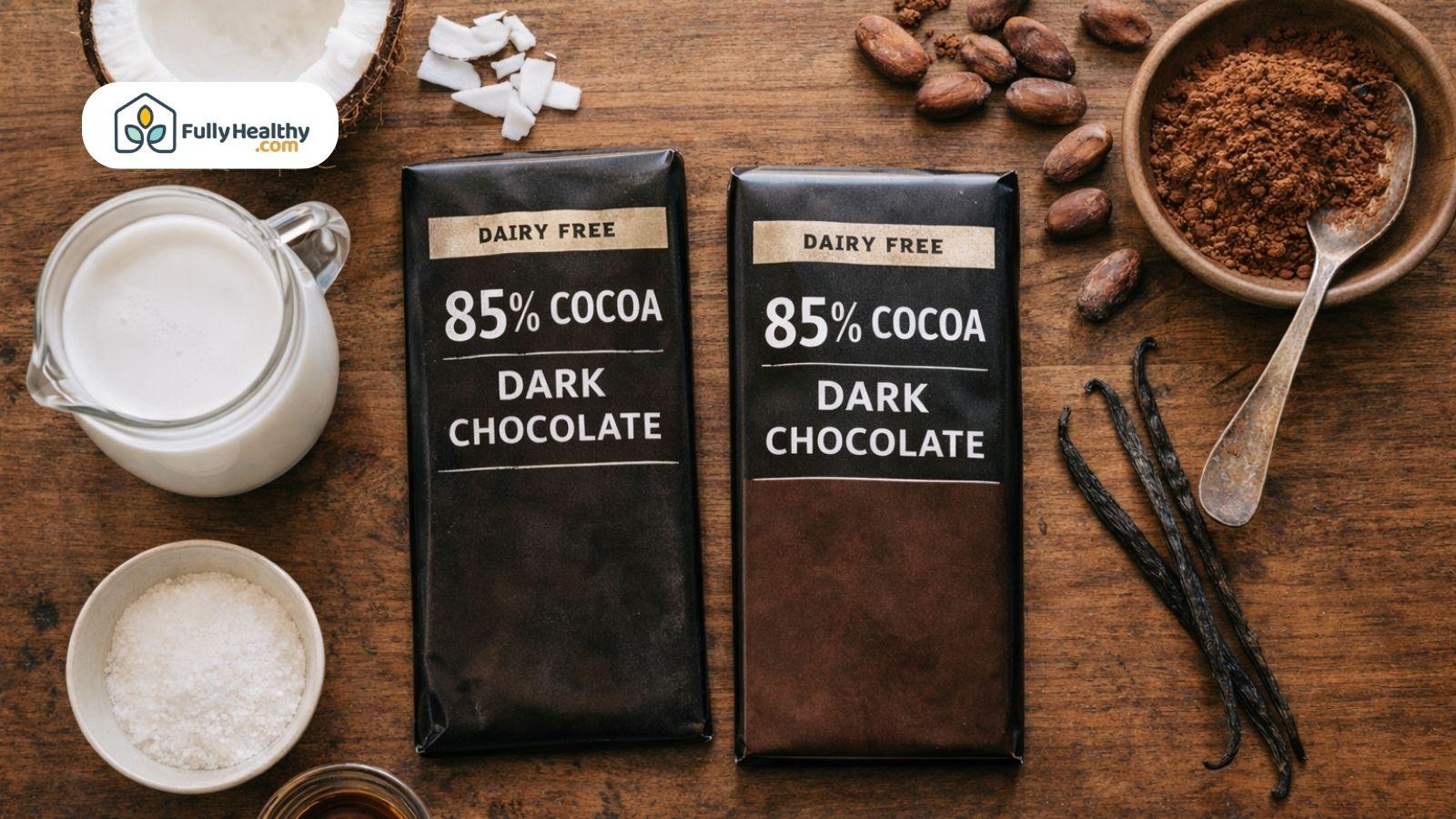 Show dairy free dark chocolate bars with cocoa powder beans vanilla milk