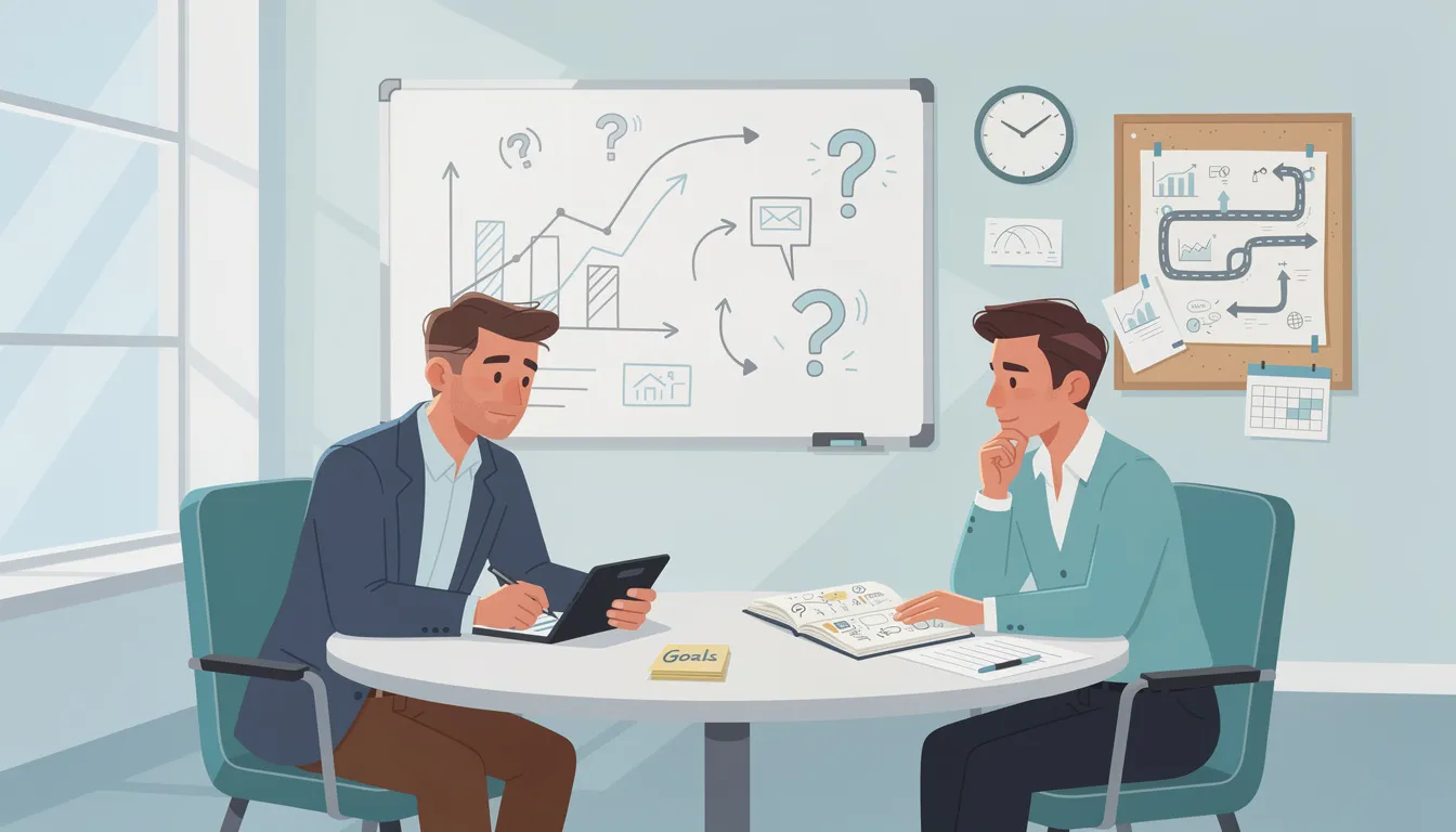 The image illustrates a business coach engaging in a supportive and collaborative session with a business owner, emphasizing the key distinction of business coaching as a partnership that fosters accountability and personal growth. This relationship is centered around trust and open communication, allowing clients to explore challenges and develop their own strategies for business success.