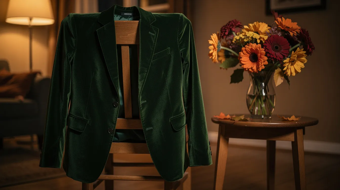 A dark green velvet blazer is elegantly draped over the back of a wooden chair, surrounded by warm interior lighting and autumn flowers, creating a cozy atmosphere reminiscent of the creative spirit showcased at London Fashion Week. This setting highlights the intersection of fashion and seasonal trends, inviting a sense of style and comfort.