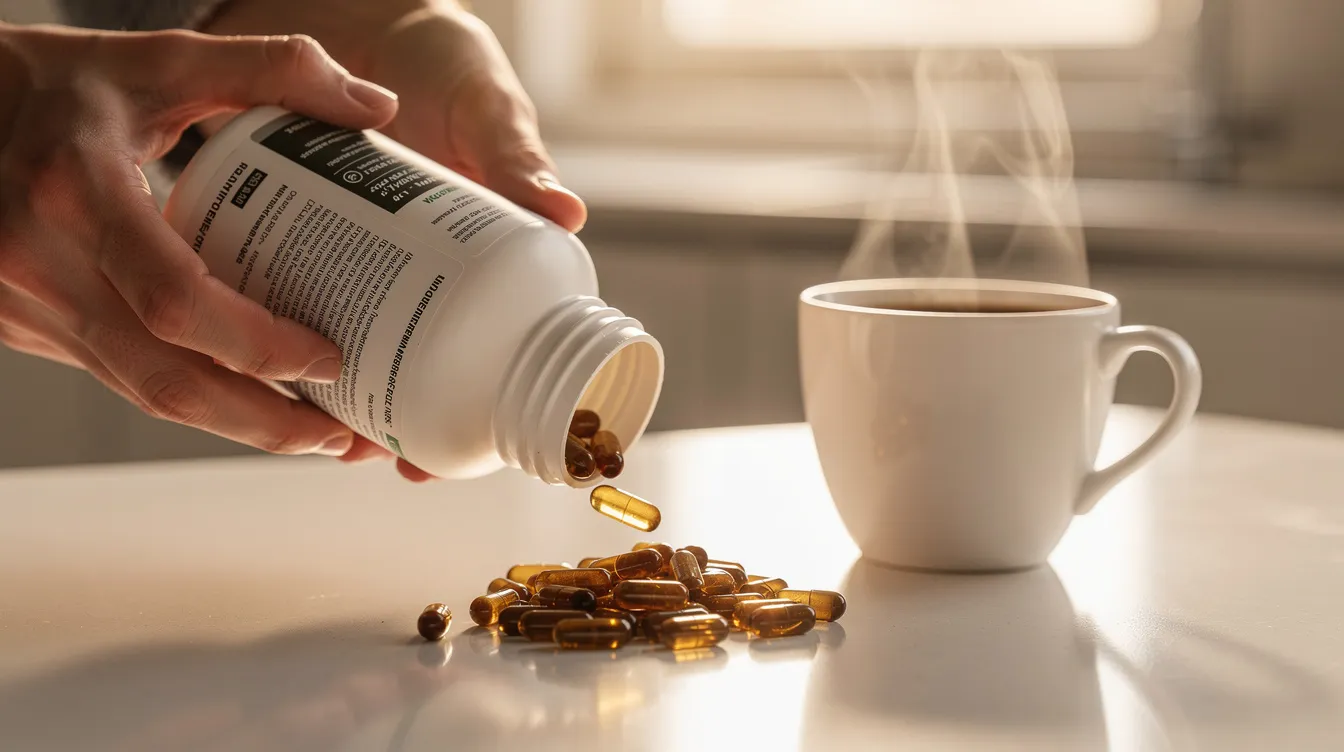 A person is pouring dietary supplement capsules from a bottle onto a kitchen counter, next to a steaming cup of coffee illuminated by morning light. The scene suggests a focus on brain health, possibly featuring lion's mane mushroom supplements known for their cognitive support and beneficial compounds.