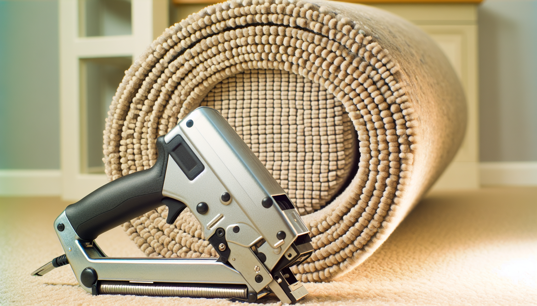 A roll of carpet with a staple gun on the side