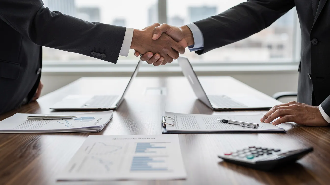A professional handshake takes place over a desk cluttered with financial documents, symbolizing a partnership in navigating complex tax matters. This image reflects the importance of legal guidance from a tax attorney or CPA in addressing issues such as tax compliance and financial planning.