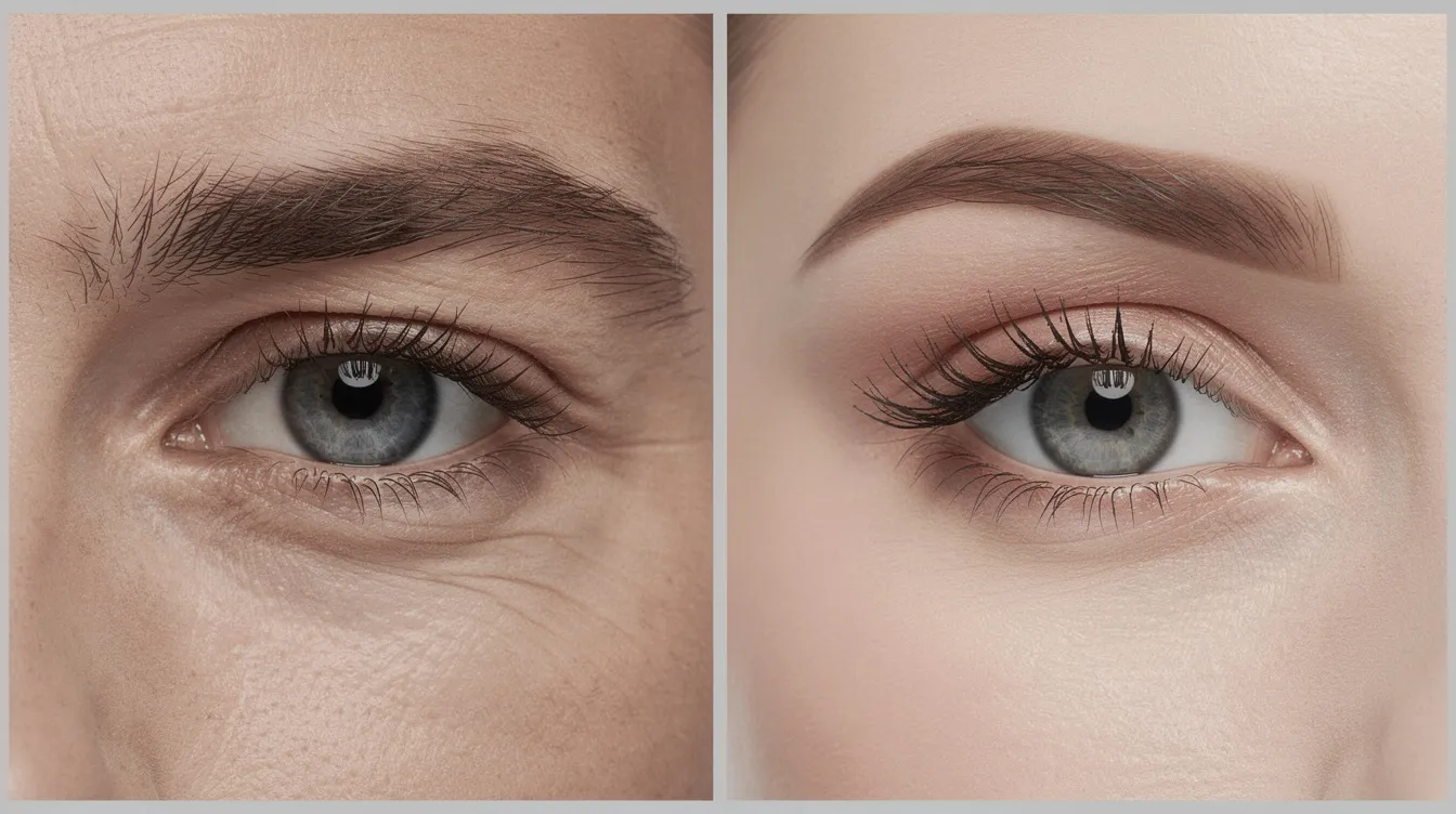 This image features a side-by-side comparison of male and female eyes, both showing natural eyelid appearances with distinct upper eyelids. The male eye displays a more pronounced crease, while the female eye has a softer, more youthful look, highlighting the differences in eyelid shape and the potential benefits of upper eyelid surgery or blepharoplasty for a refreshed appearance.