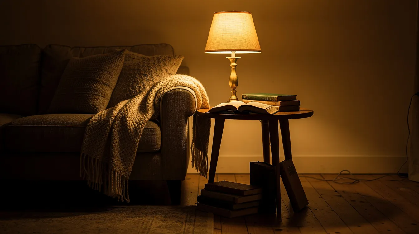 Een gezellige leeshoek met een kleine tafellamp op een bijzettafel naast een bank, die zorgt voor een warme uitstraling en sfeerverlichting in het donker hoekje. De lamp verspreidt zacht licht, waardoor de huiselijke sfeer perfect wordt aangevuld.
