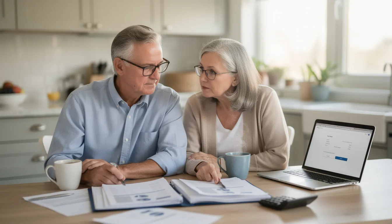 An older couple sits together at a kitchen table, reviewing financial documents while enjoying coffee, as they discuss their retirement savings and investment strategies for financial security in their next chapter. They appear engaged and focused on making important decisions about their retirement plan and investment portfolio.
