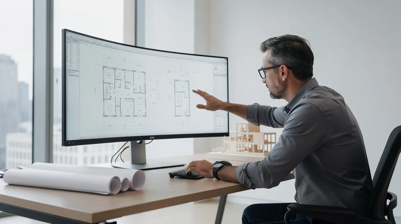 An architect is intently reviewing detailed building plans displayed on a large widescreen monitor in a modern office setting, emphasizing the importance of real-time collaboration and skilled professionals in the design process. This scene reflects the benefits of nearshore staffing solutions, highlighting how companies can leverage experienced professionals for cost efficiency and quality talent.