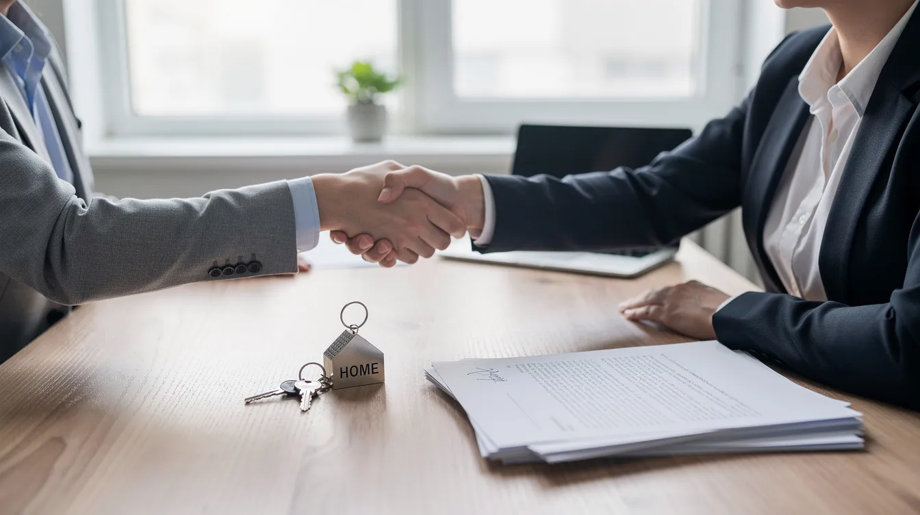 The image shows two people shaking hands across a desk, with house keys and paperwork related to home equity loans visible between them, symbolizing a successful agreement in personal finance. This scene reflects the process of discussing loan options, including home equity loan rates and closing costs, important for homeowners considering borrowing against their property.