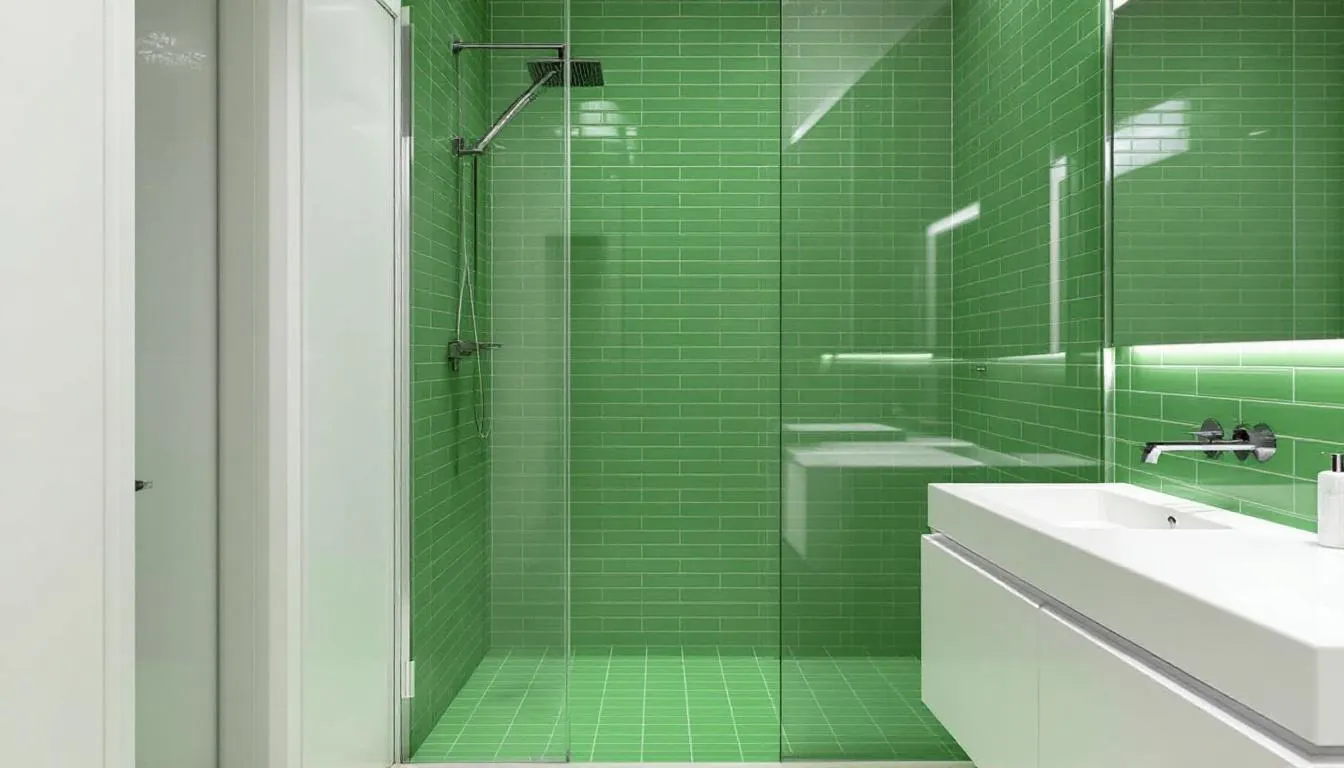 A modern en suite bathroom renovation attached to he master bedroom featuring green tiles, eco friendly upgrades, showcasing a well-designed space with luxury features such as a walk-in shower and a new vanity unit. This upscale bathroom remodel enhances curb appeal, the home's resale value and appeals to potential buyers in a competitive market and creates the illusion of extra space.