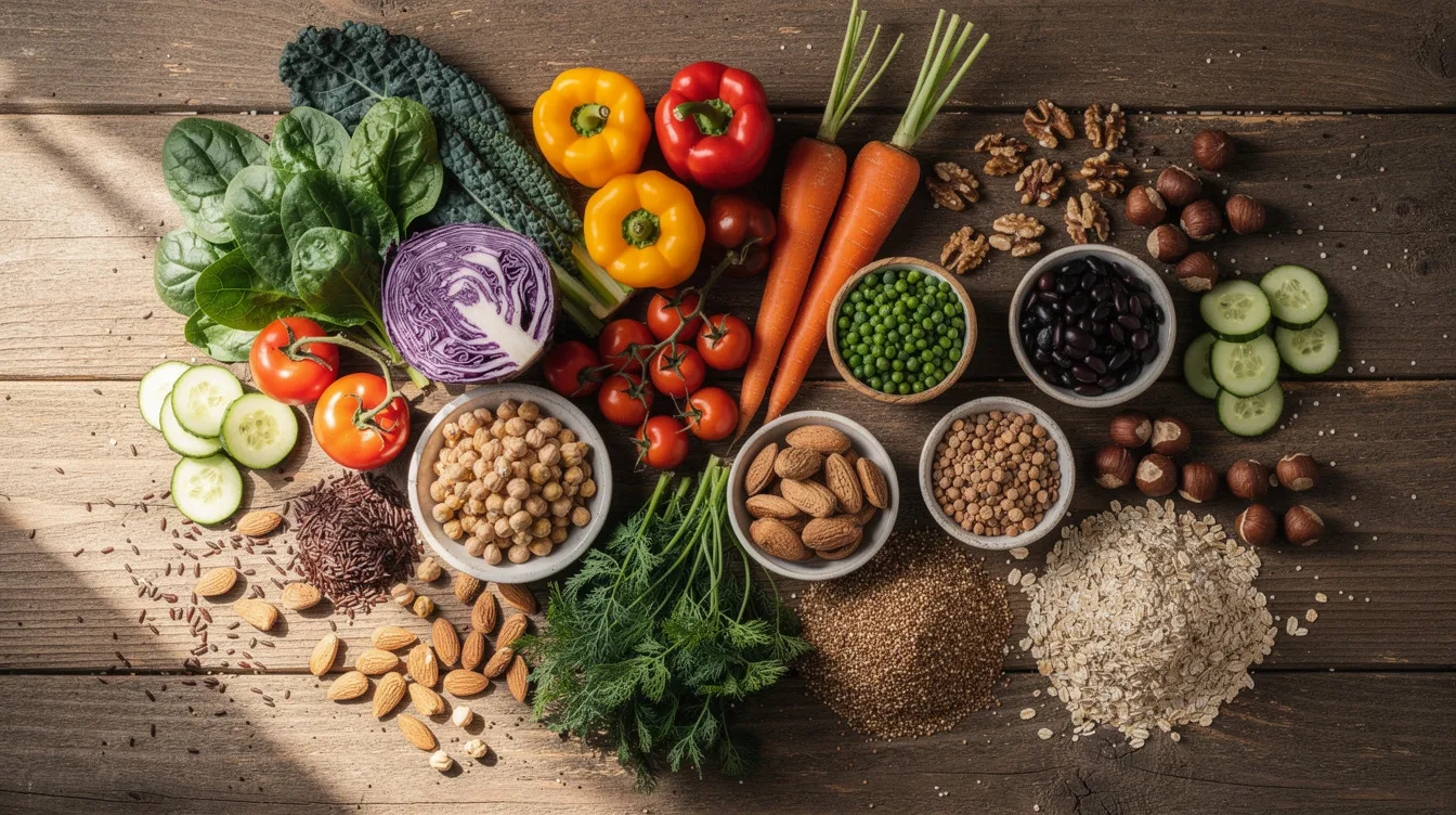 The image features a vibrant assortment of fresh vegetables, legumes, nuts, and whole grains beautifully arranged on a wooden surface, highlighting the benefits of a plant-based diet for optimal health and well-being. This nutrient-dense display emphasizes the importance of dietary choices in supporting cognitive function and overall health.