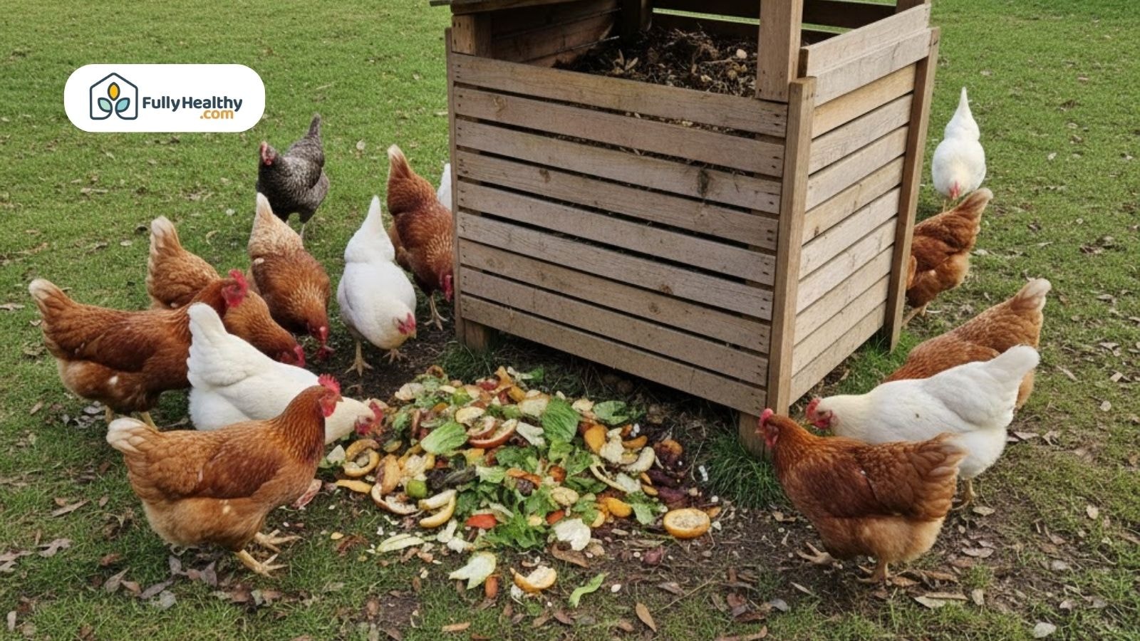 Chickens gathered around a compost pile with food scraps.