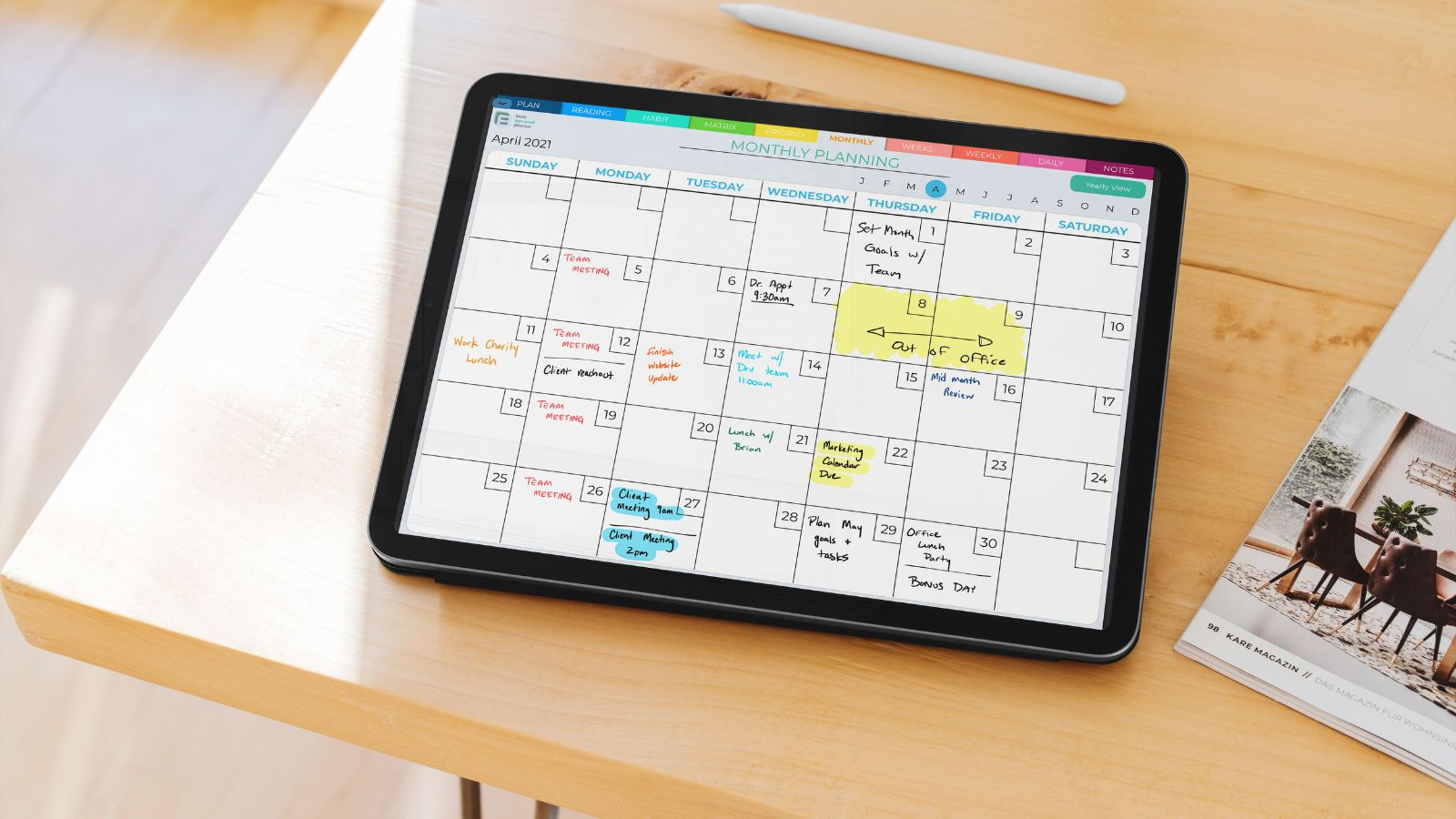 monthly calendar displayed on ipad screen using goodnotes planner app