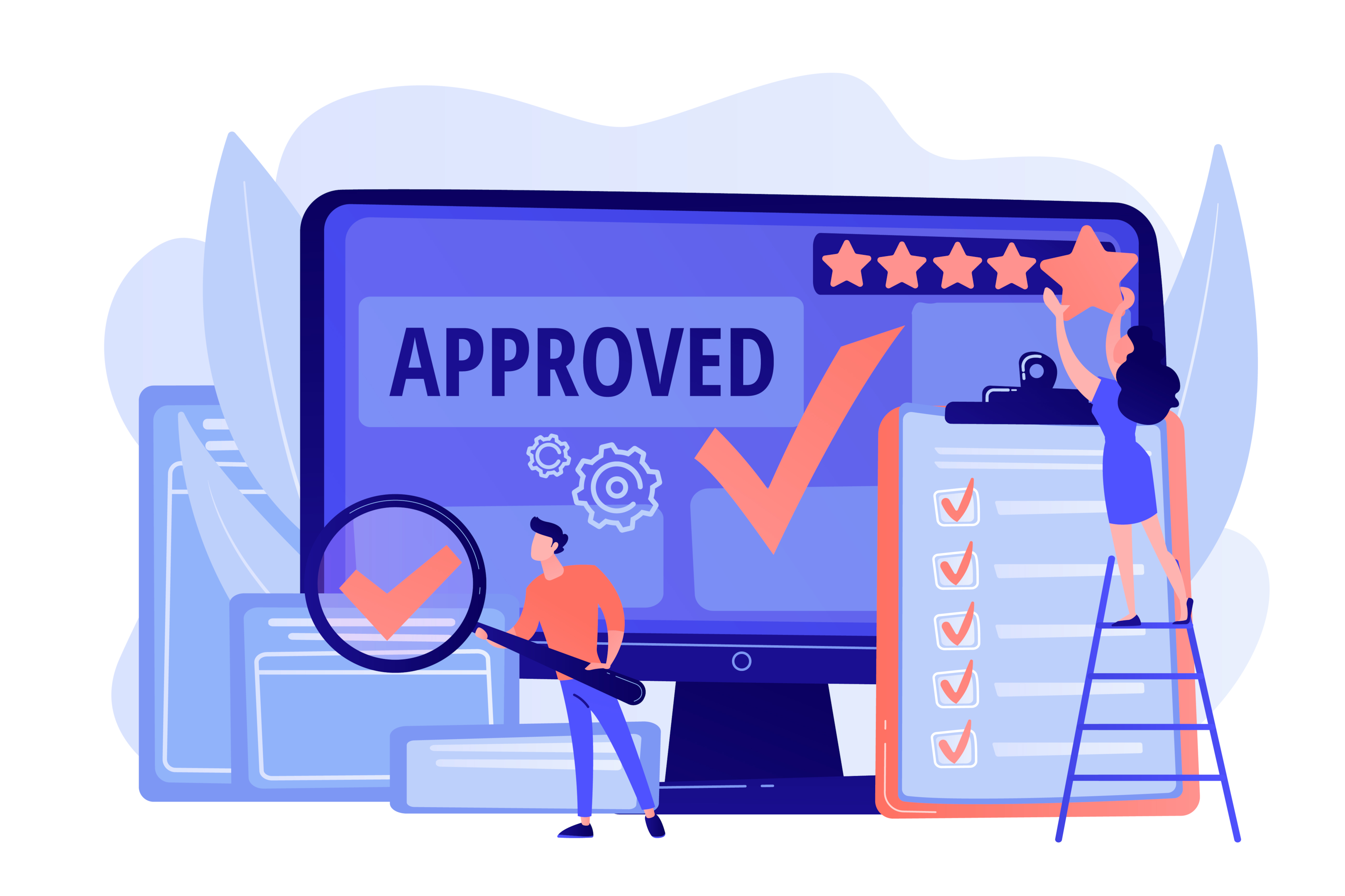The illustration portrays the objective of a QA team as an "approval mark.