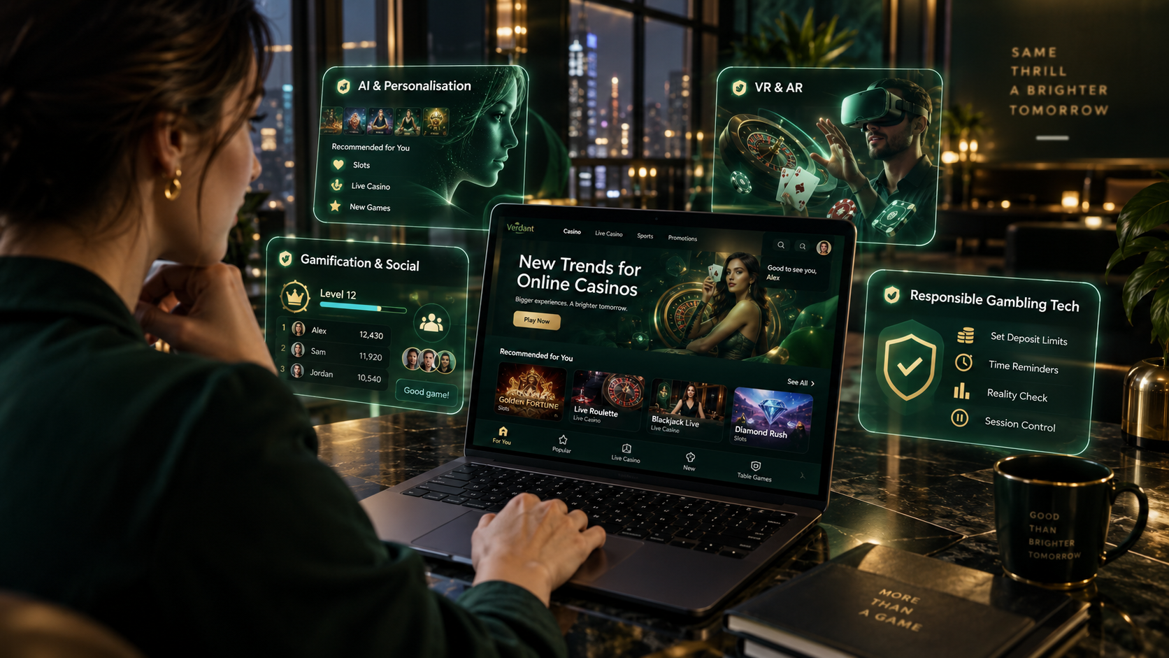 New online casino trends featuring AI personalisation, VR casino games, gamification and responsible gambling technology.