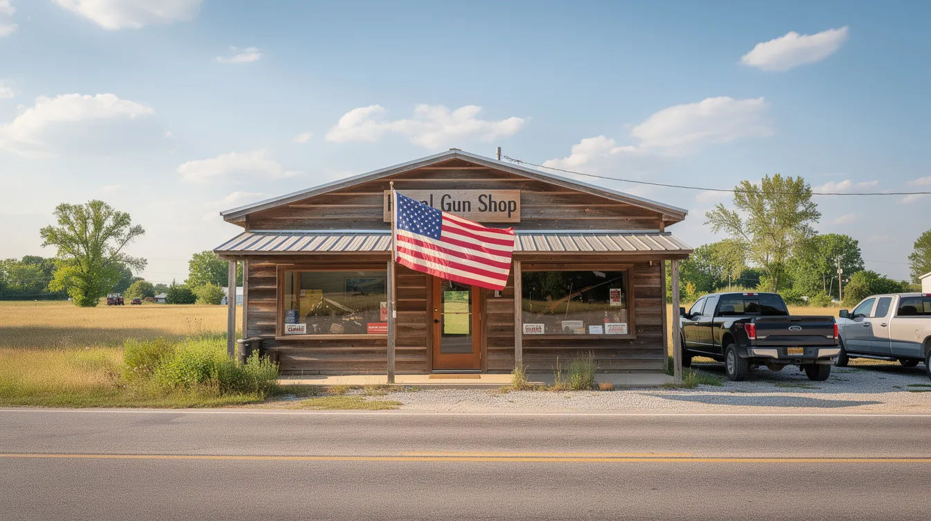 The image depicts a rustic American rural gun shop storefront featuring a wooden exterior adorned with an American flag, suggesting a connection to local gun laws and the gun industry. The inviting entrance hints at the shop's offerings related to firearm ownership and safety, reflecting the community's engagement with firearms laws.