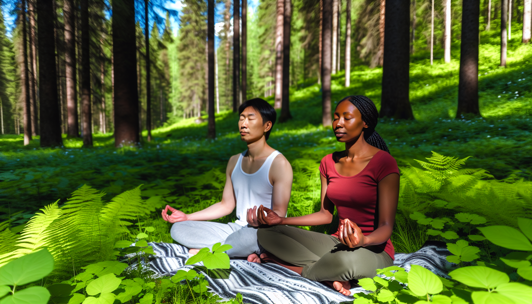 Couple meditating together in a serene natural setting