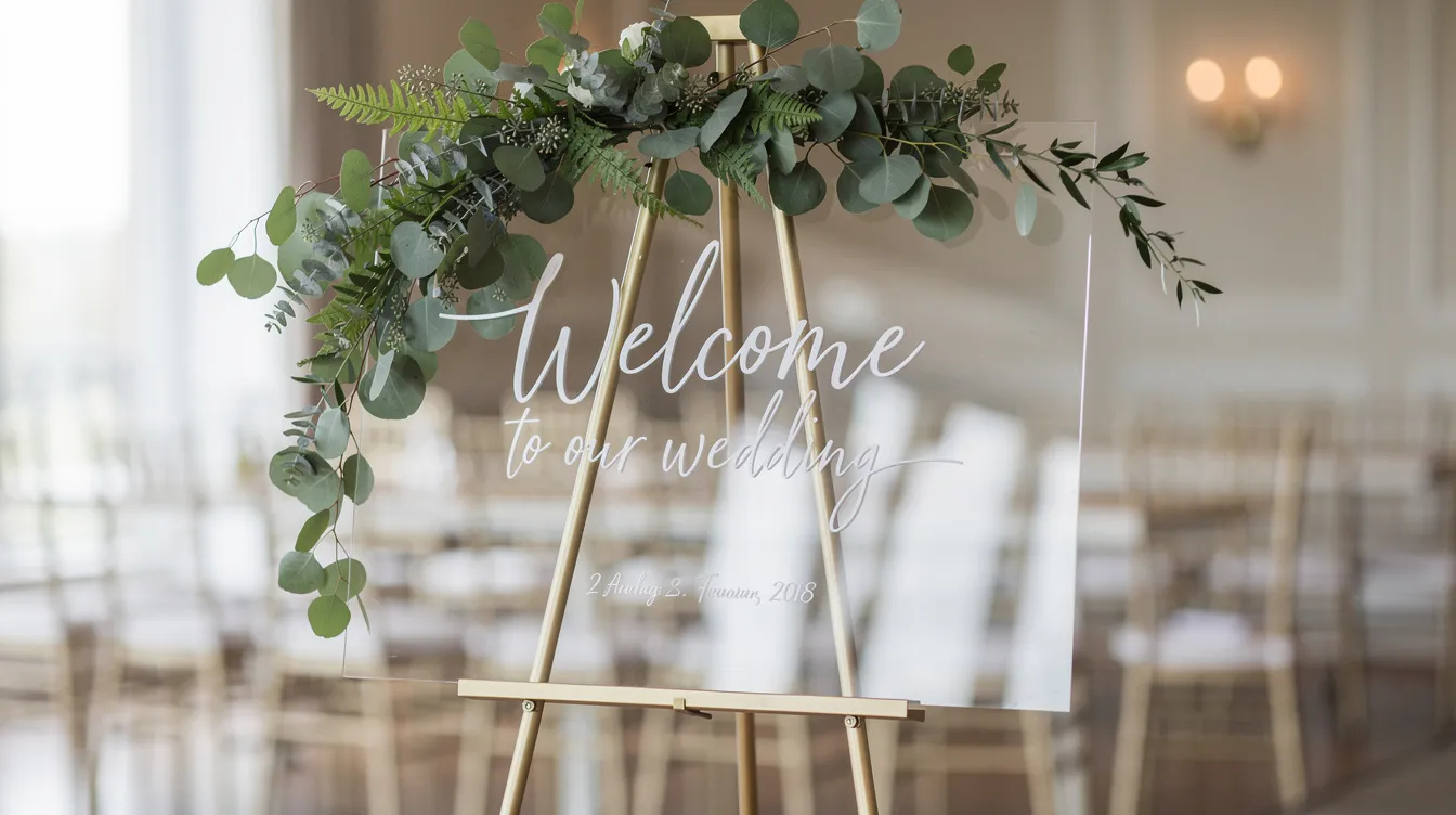 A modern acrylic wedding welcome sign is elegantly displayed on a gold easel, adorned with lush eucalyptus arrangements, inviting guests to the celebration. This beautiful signage adds a personal touch to the wedding reception, setting a warm and inviting tone for the occasion.