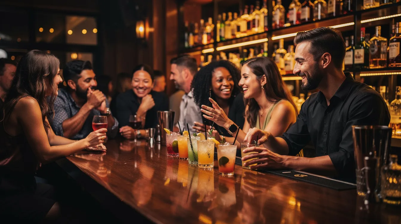A vibrant scene at a crowded cocktail bar in the West Village, where groups of friends socialize and enjoy classic and signature cocktails at the bar counter, surrounded by a lively atmosphere enhanced by a disco ball. The warm ambiance features white brick walls and small tables, inviting patrons to engage in conversation and savor drinks during a fun night out in Manhattan.