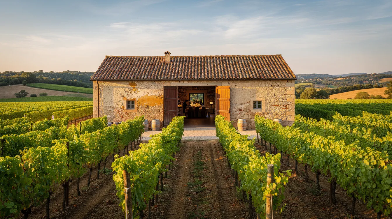 A rustic winery building with open doors sits amidst rows of lush vineyards under a clear blue sky, creating a picturesque scene typical of the Sacramento wine country. This inviting setting offers a perfect backdrop for wine tastings and private events, reflecting the charm and quality of the region's award-winning wines.