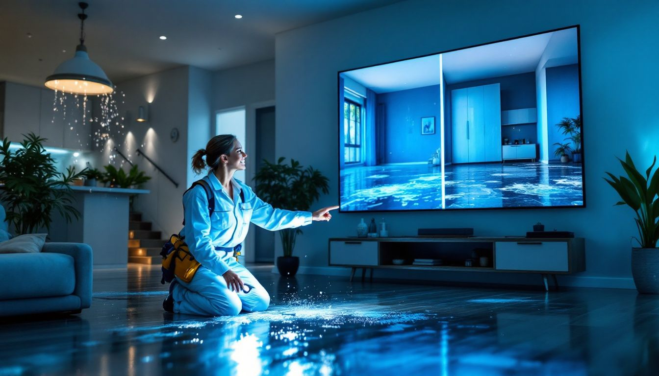 A technician assessing water damage in a flooded home, representing water restoration services.