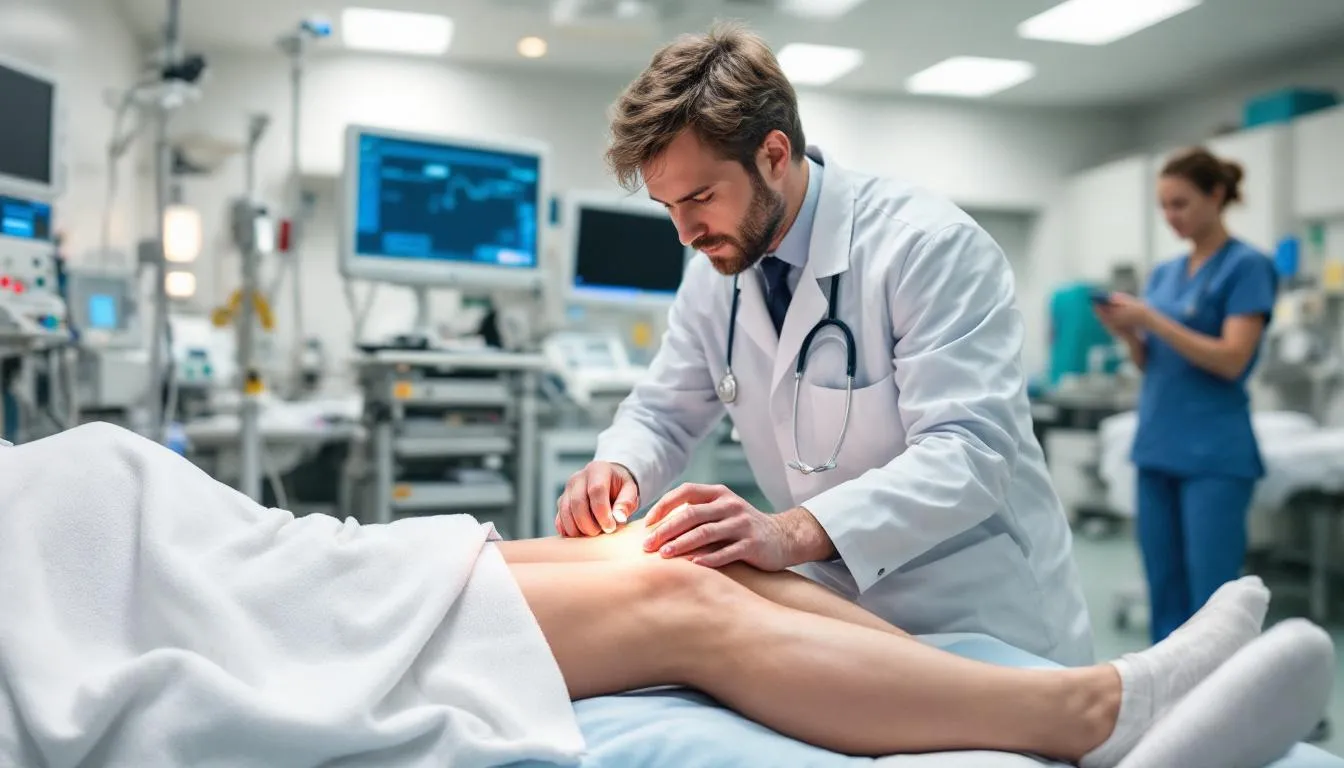A medical professional is examining a patient's knee in an emergency room, focusing on assessing potential causes of knee pain, such as ligament tears or meniscus injuries. The healthcare provider is likely conducting a physical exam to determine the severity of the knee injury and discuss treatment options.