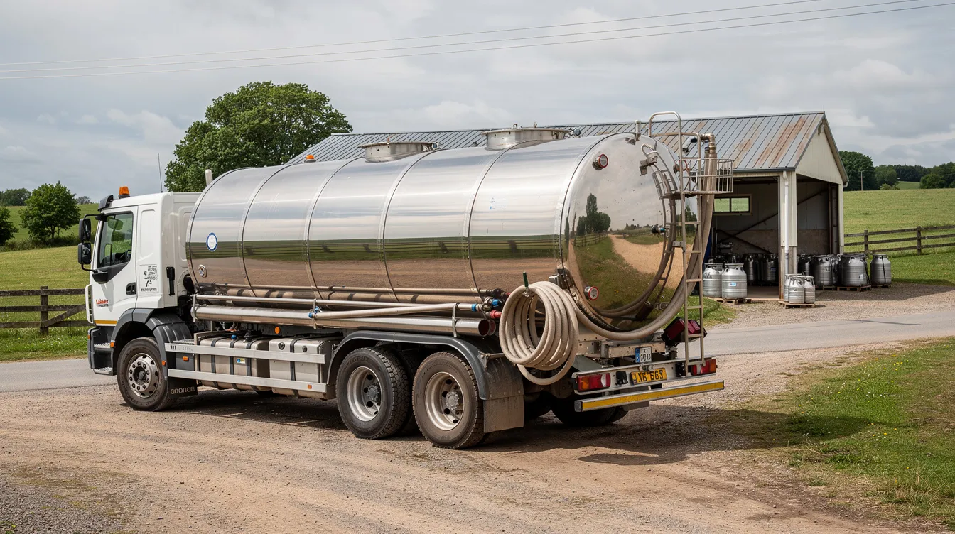 e91d08aa 1b82 4fd0 86ef 96d18a9f2726 A stainless steel milk tanker truck is parked at a rural dairy collection center, ready to transport raw milk as part of the dairy supply chain. This facility plays a critical role in ensuring a consistent quality of dairy products by managing the raw milk supply and processing it efficiently.