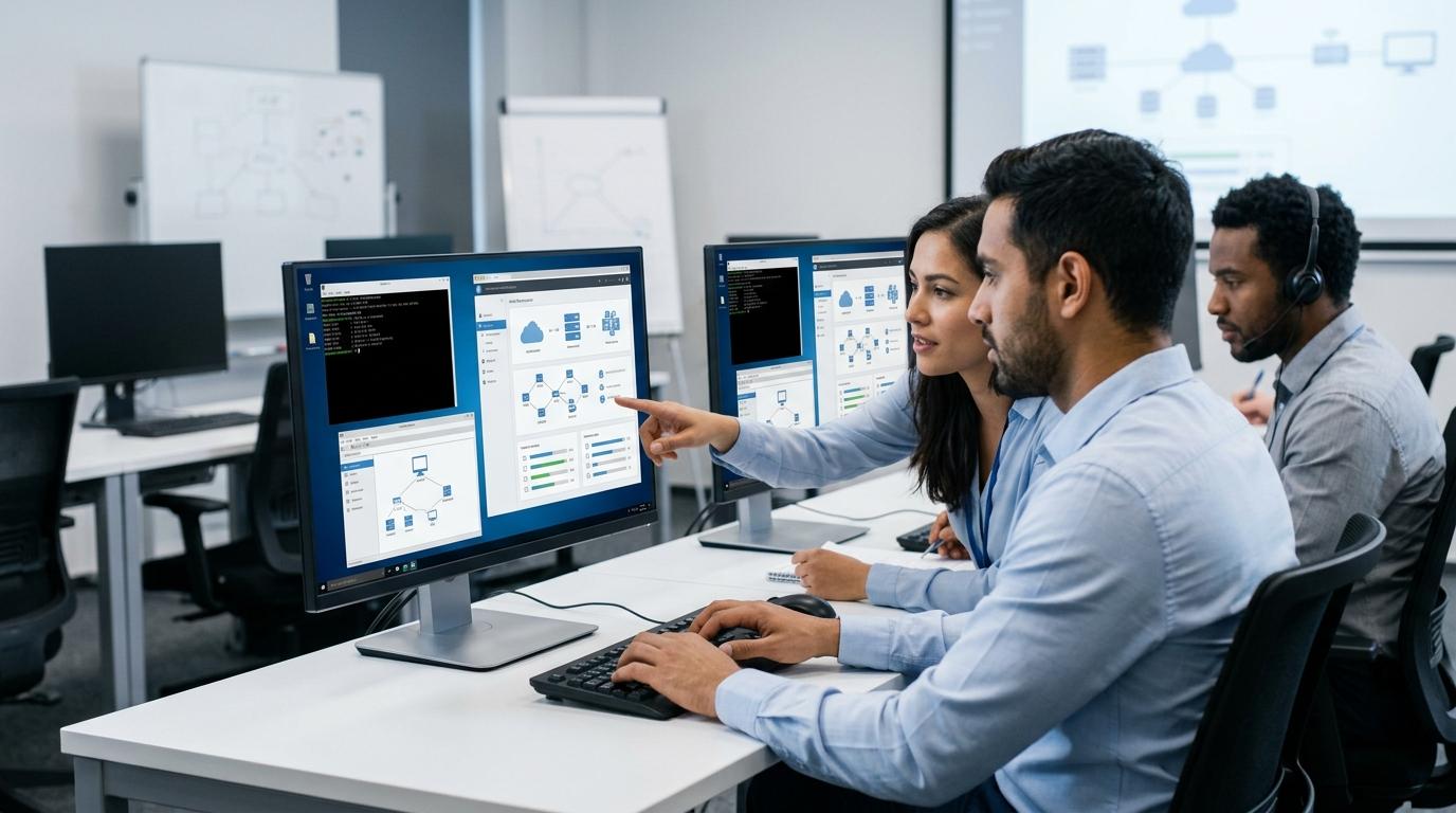 Professional IT learners practicing technical skills in immersive virtual desktop and cloud lab environments, realistic enterprise setting.