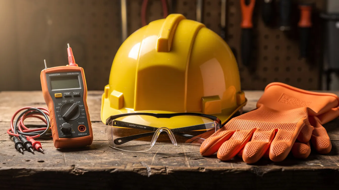 Electrical safety gear including a hard hat, gloves, safety glasses, and a tester on a workbench.