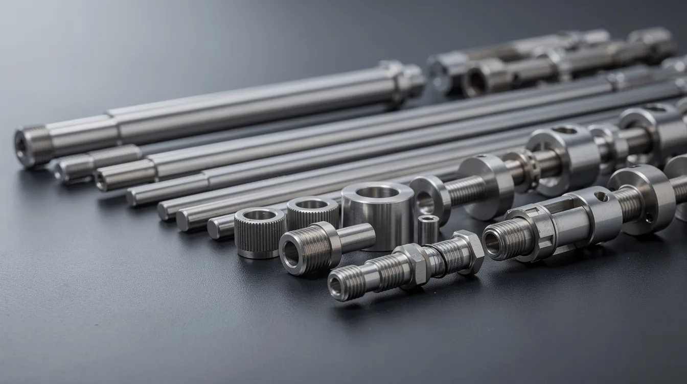 An array of precision turned metal components, including shafts, bushings, and threaded connectors, is neatly arranged on a dark surface, showcasing their intricate designs and excellent surface finish. These cylindrical parts highlight the advantages of CNC turning services, emphasizing their precision and high-quality machining process.
